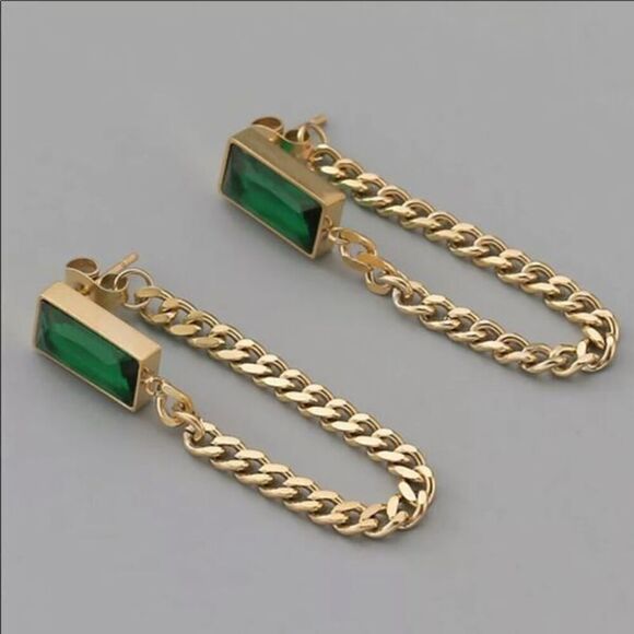 The Champion Square Emerald Crystal Gold Chain Dangle drop Earrings - Picture 4 of 11